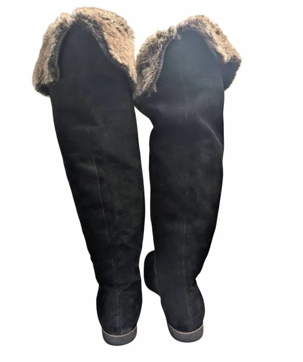 Sam Edelman Orlando Black suede leather over the knee faux fur cuffed boots 8.5